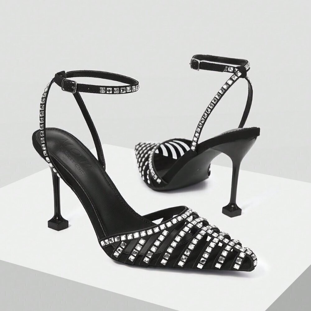 Black Glamorous Women's Rhinestone Buckle High Heel Shoes - Picture 4 of 6